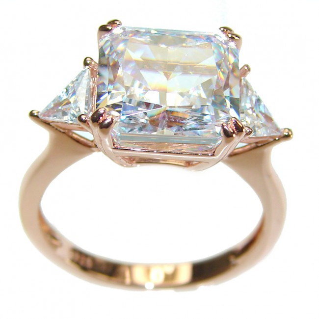 Princess cut 9.5 carat White Topaz 14K Rose Gold over .925 Sterling Silver handcrafted ring; s. 7