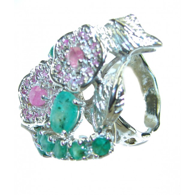 Floral design authentic Emerald Ruby .925 Sterling Silver Large handcrafted Ring size 8