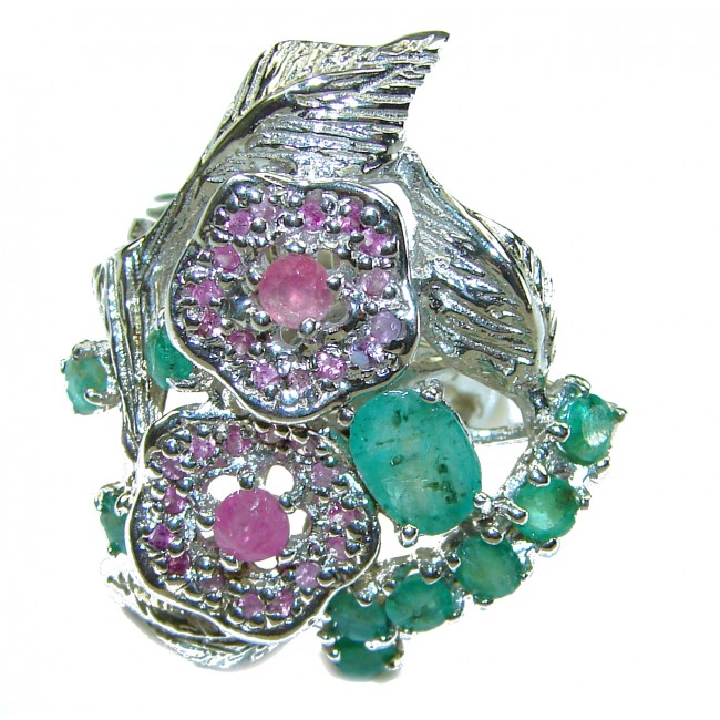 Floral design authentic Emerald Ruby .925 Sterling Silver Large handcrafted Ring size 8