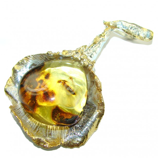 Prehistoric authentic Baltic Amber 2 tones .925 Sterling Silver handcrafted pendant