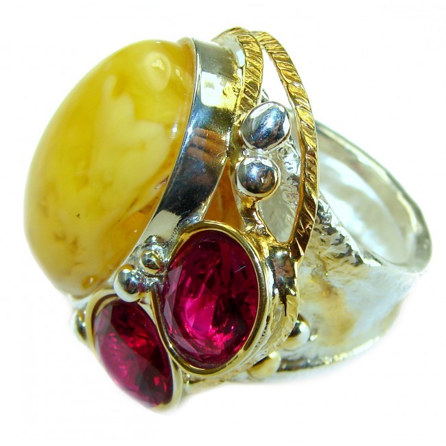 Butterscotch Amber Red Tourmaline 2 tones .925 Sterling Silver handcrafted Ring s. 8 adjustable