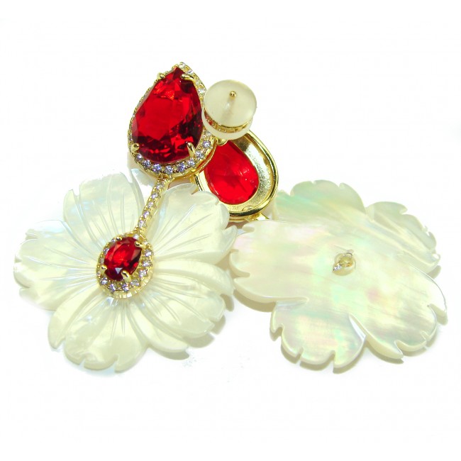Summer Flowers Blister Pearl Red Topaz 14K Gold over .925 Sterling Silver handcrafted Earrings