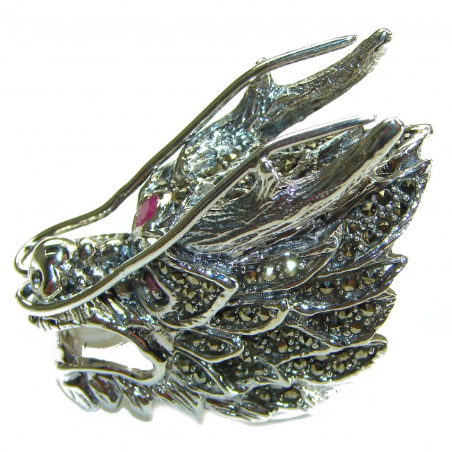 Large 36.8 grams Marcasite Pearl Dragon's Head oxidized . 925 Sterling Silver Ring s. 7 1/4