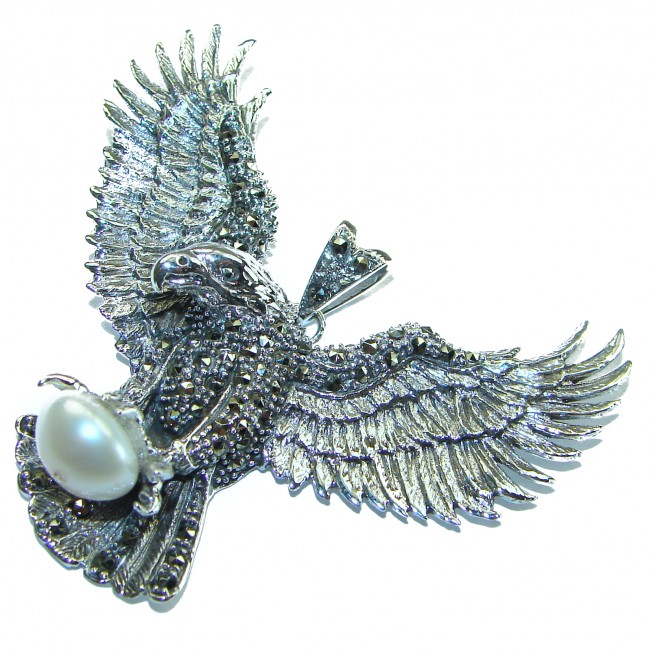 Huge Praud Eagle Pearl Marcasite .925 Sterling Silver handcrafted Pendant