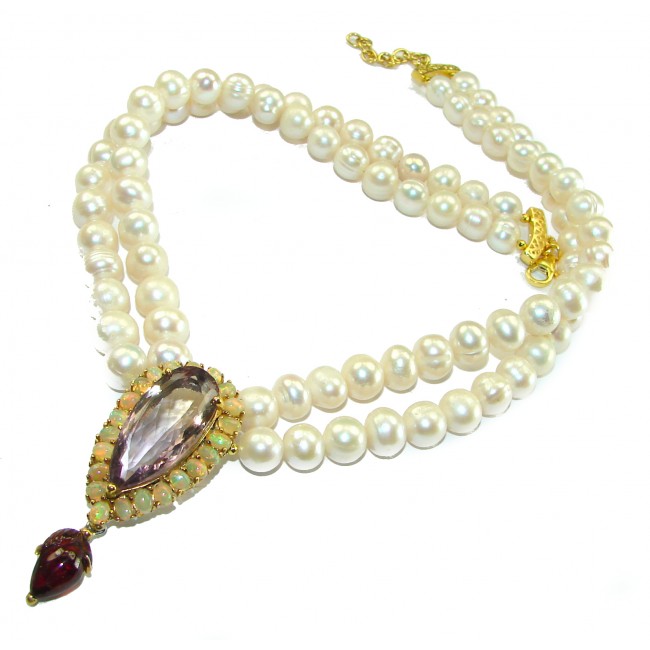 Precious Ametrine Ethiopian Opal 16 inches Long genuine Pearl 14K Gold over .925 Sterling Silver handcrafted Necklace