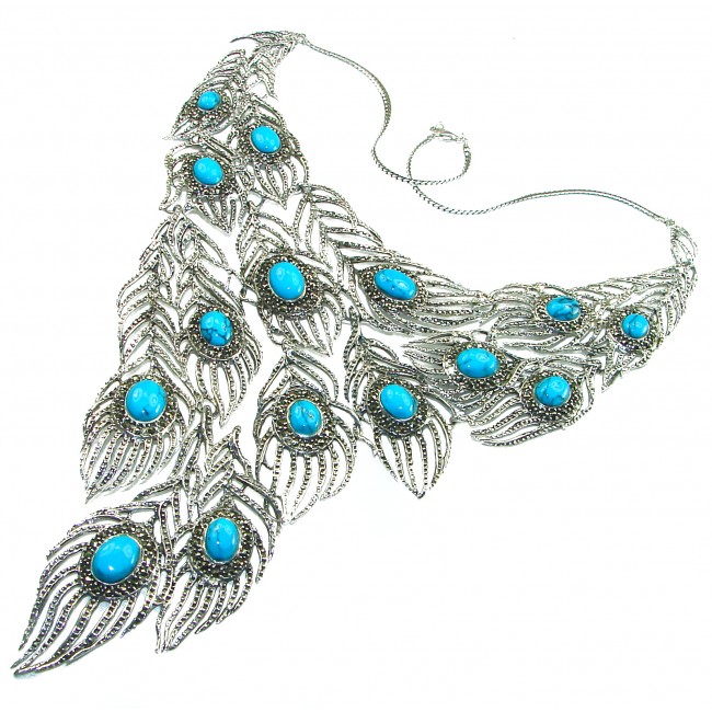HUGE 106.5 grams Peacock Feather design genuine Turquoise .925 Sterling Silver handcrafted Necklace