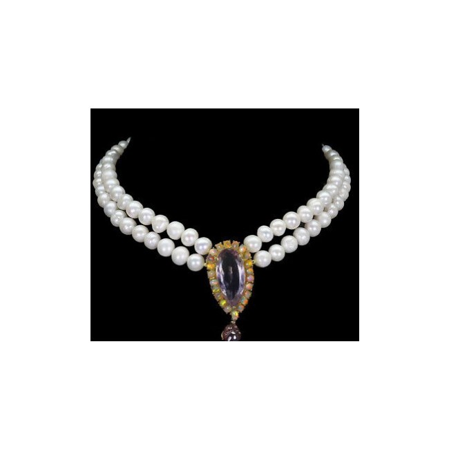 Precious Ametrine Ethiopian Opal 16 inches Long genuine Pearl 14K Gold over .925 Sterling Silver handcrafted Necklace