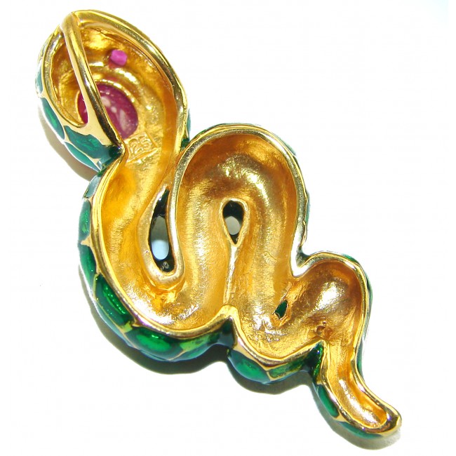 INCREDIBLE Natural Ruby Enamel Snake 14K Gold over .925 Sterling Silver Pendant
