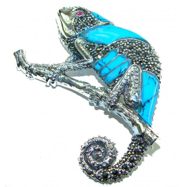 Spectacular Big Chameleon Lizard Turquoise .925 Sterling Silver handmade Brooch