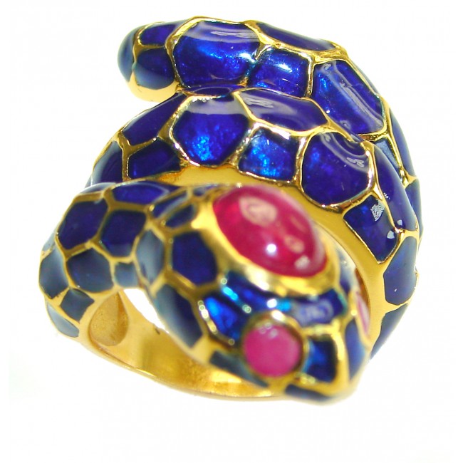 Blue Snake Lapis Lazuli Ruby 18K Gold over .925 Sterling Silver Huge handcrafted Ring s. 7