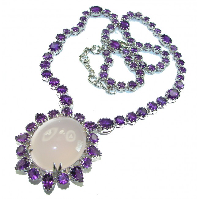 Outstanding Brazilian Rose Quartz Amethyst .925 Sterling Silver handcrafted Statement necklace