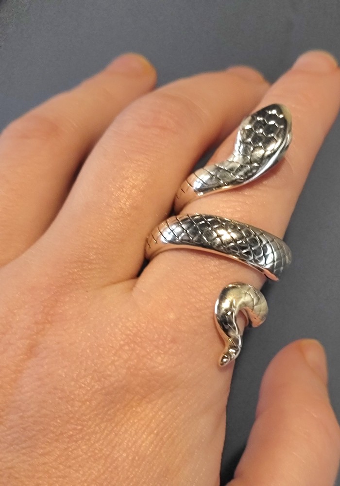 Large Boa Snake .925 Sterling Silver handcrafted Statement SPINAL Ring size 7 - Large boa snake sterling silver ring worn on hand, top view.