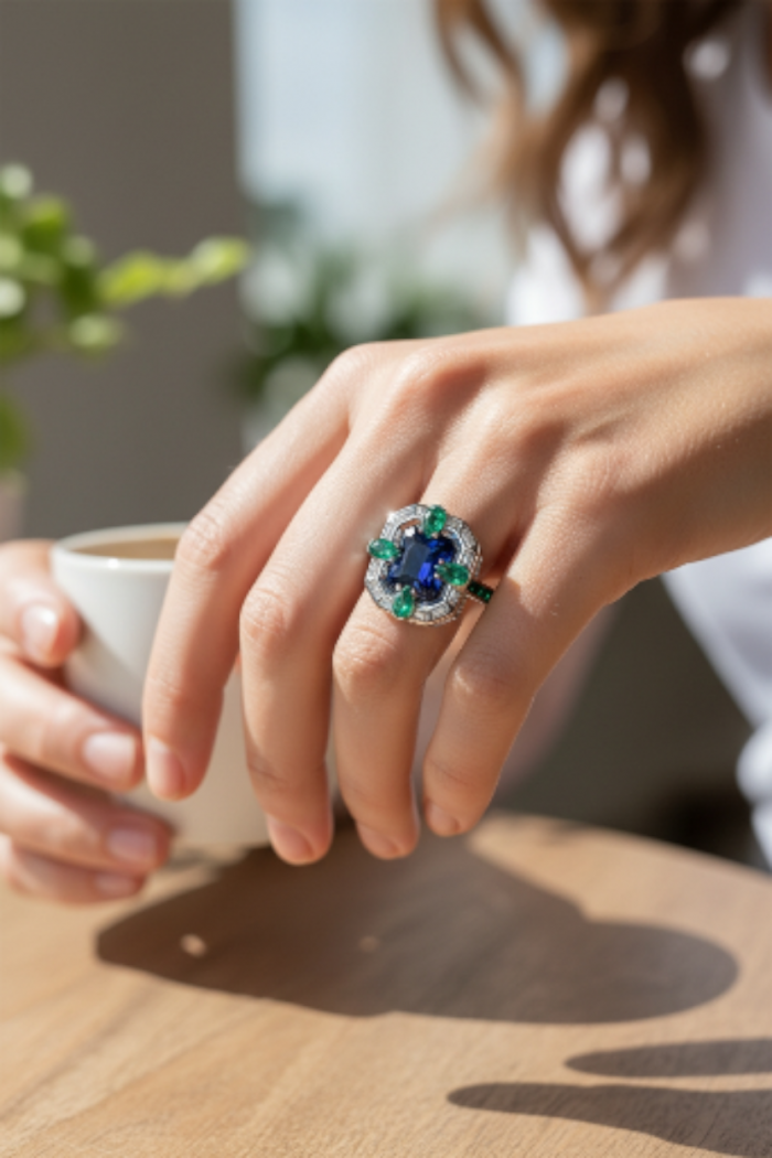 Art Deco 8.6 ctw Sapphire Emerald .925 Sterling Silver handcrafted Statement Ring size 8 - Sapphire emerald silver ring worn on hand with coffee cup
