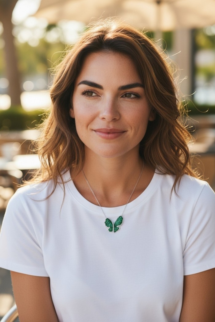 Precious Butterfly authentic 22.9 carat Colombian Emerald .925 Sterling Silver handcrafted Statement necklace - Butterfly emerald necklace worn, close-up frontal view.