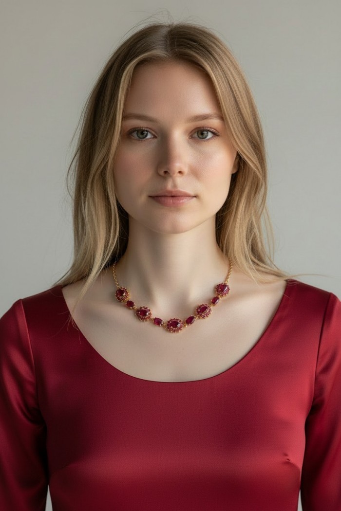 Carmen 28.2 carat Natural Kasmir Ruby .925 Sterling Silver dipped in 22K Gold handcrafted Statement necklace - Model wearing Carmen 28.2 carat Kashmir Ruby necklace, front view.