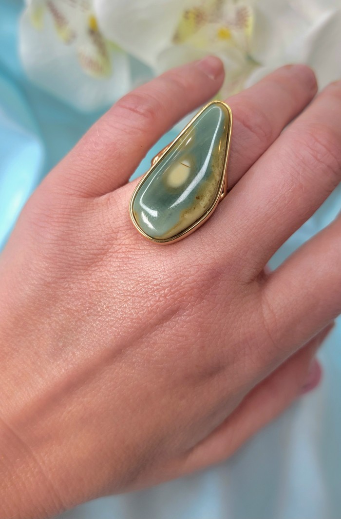 Genuine Top quality Imperial Jasper 14K Gold over .925 Sterling Silver handcrafted ring s. 10 - Imperial Jasper ring in 14K gold, worn on hand, stone close-up.