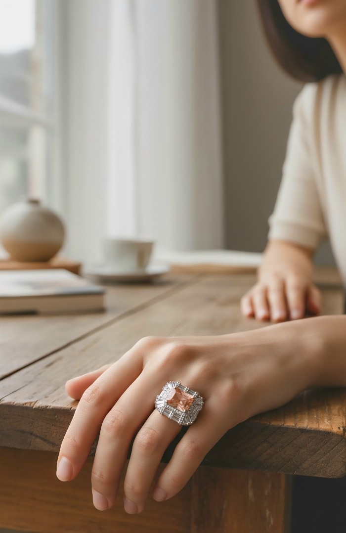 Isabella Authentic emerald cut 4.8 carat Morganite .925 Sterling Silver ring s. 6 1/4 - Morganite ring worn on hand, focus on stone and setting detail.