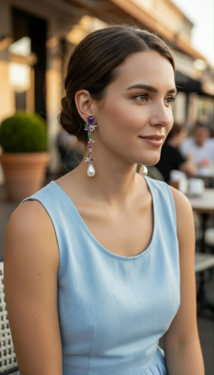 Tiffany Genuine Pearl 10.2 carat Amethyst rhodium over .925 Sterling Silver handcrafted Long Statement Earrings - Side view of woman wearing Tiffany Genuine Pearl and Amethyst earrings.