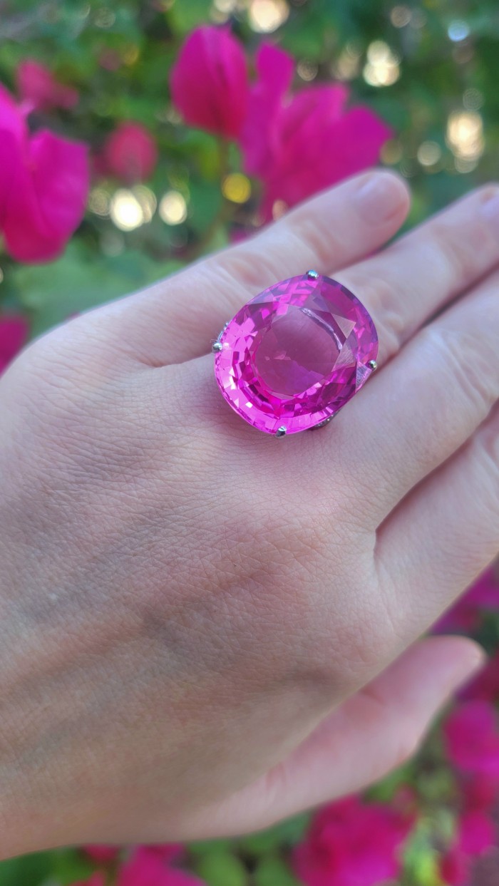 Pink Radiance- oval Cut - 34.5 carat Pink Sapphire .925 Silver handcrafted Large Cocktail Ring s. 8 3/4 - photo 2
