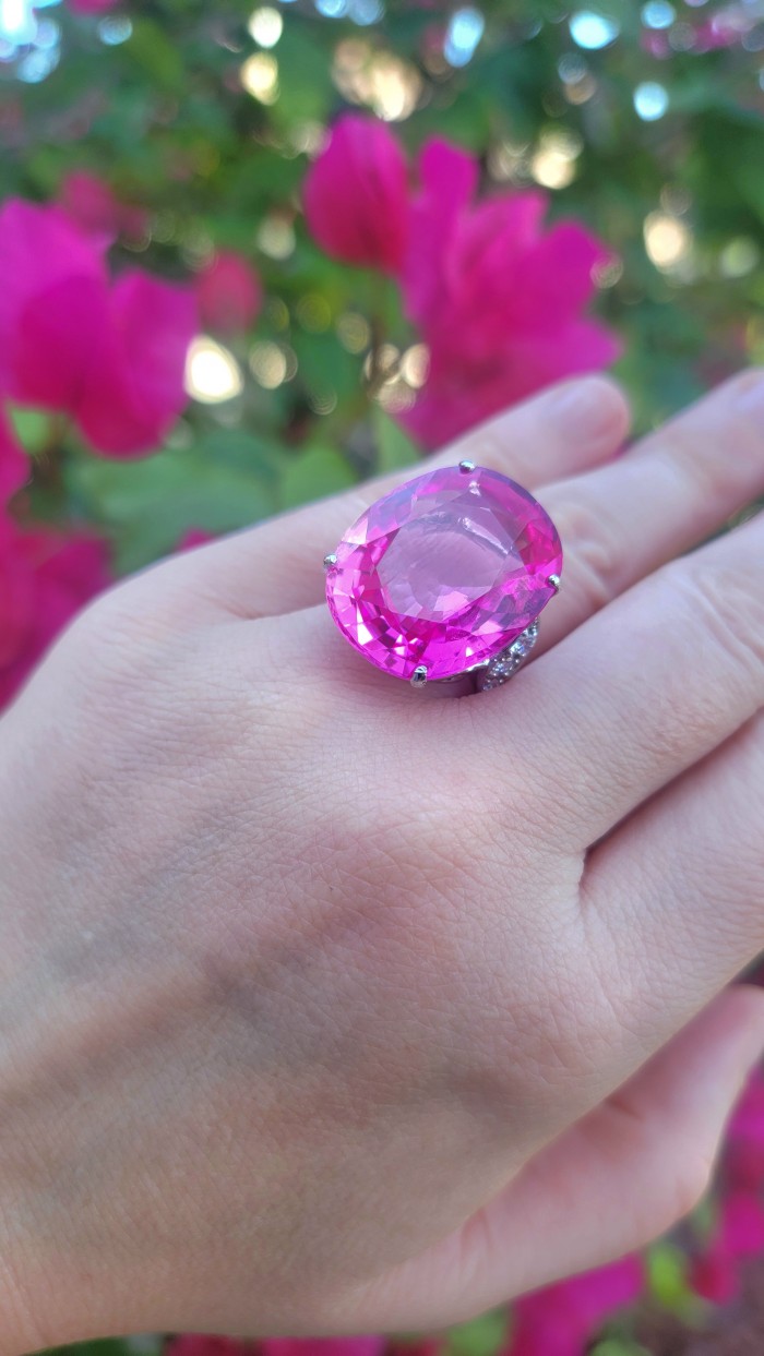 Pink Radiance- oval Cut - 34.5 carat Pink Sapphire .925 Silver handcrafted Large Cocktail Ring s. 8 3/4 - photo 1