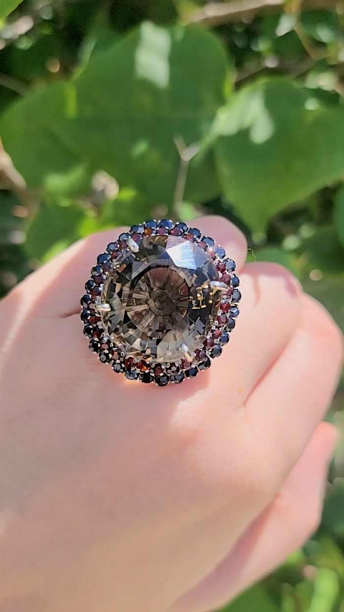 Celestial Energy 40.5 carat Champagne Smoky Topaz .925 Sterling Silver Oversized Ring size 7 1/4 - 40.5 carat Champagne Smoky Topaz ring worn on hand, close-up view