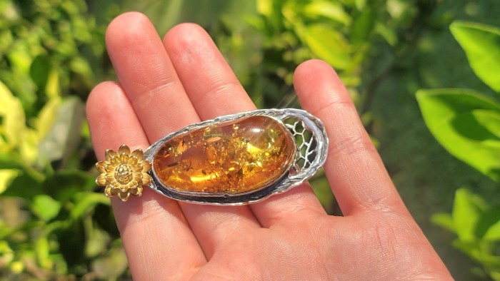 Authentic Golden Baltic Amber 14k Gold over .925 Sterling Silver beautifully handcrafted Pendant - photo 1