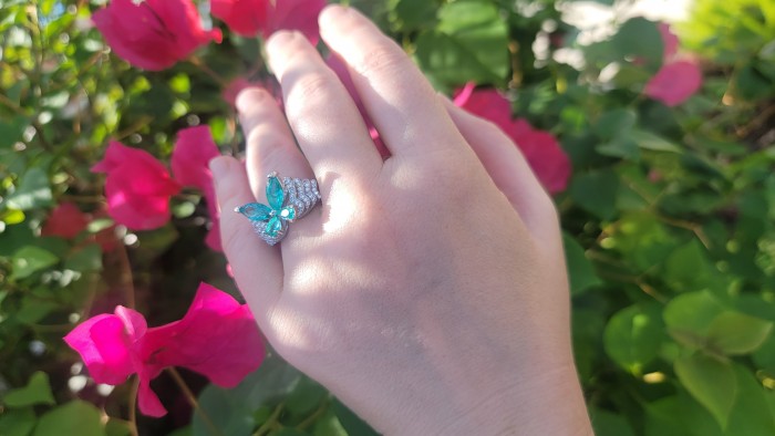 Luxurious Butterfly 10.5 ctw Paraiba Tourmaline .925 Sterling Silver handcrafted Statement Ring size 7 - photo 1