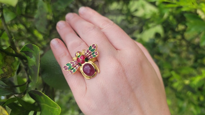 Lucky Bee Enamel 6.2 CARAT Ruby 18K Gold over .925 Sterling Silver Huge handcrafted Ring s. 7 1/2 - Ruby bee ring in gold over sterling, worn on hand, garden background.