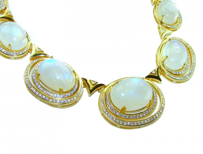 Moonlight Serenade authentic 32.5 carat Fire Moonstone 18K Gold over .925 Sterling Silver handcrafted necklace - Close-up of Moonlight Serenade necklace with moonstones and diamonds.
