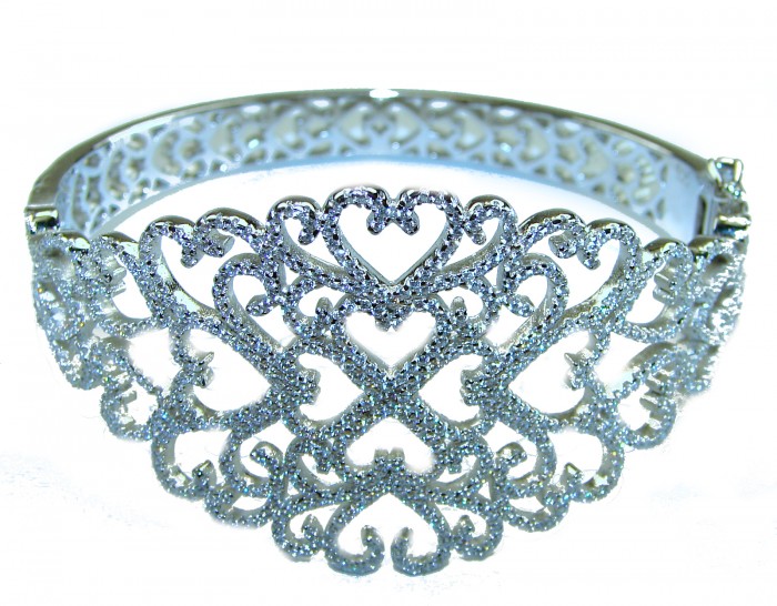 A Million Stars 28.8 carat White Sapphire .925 Sterling Silver Statement Bracelet / Cuff - Front view of intricate white sapphire bracelet in sterling silver.