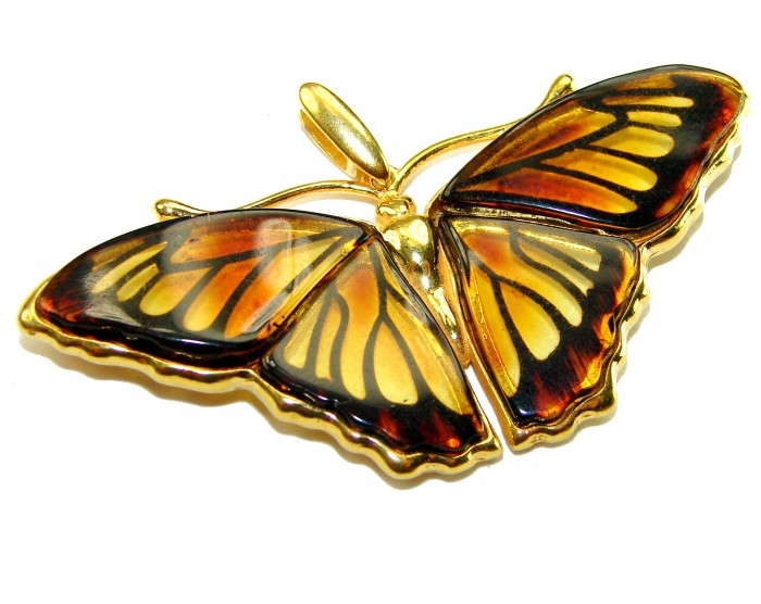 Large - Golden Butterfly natural carved Baltic Amber .925 Sterling Silver dipped in 22K Real Gold handmade Pendant - Top view of large gold butterfly pendant with amber wings