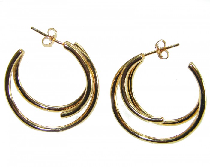 Dubai Style - Golden fantasy .925 Sterling Silver dipped in 22K Gold handmade Earrings - Front view of gold-tone hoop earrings with dual loops