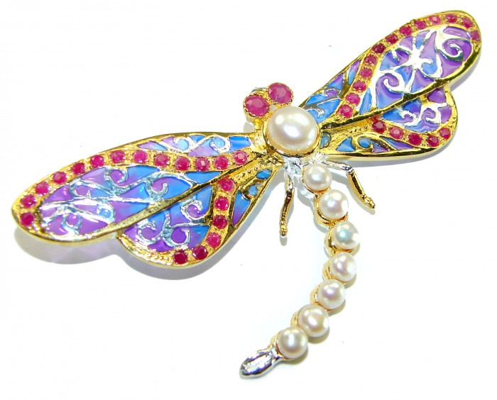Big Dragonfly Pearl Enamel 18K Gold over .925 Sterling Silver handcrafted Pendant Brooch - Dragonfly brooch with pearls and colorful enamel, top view.