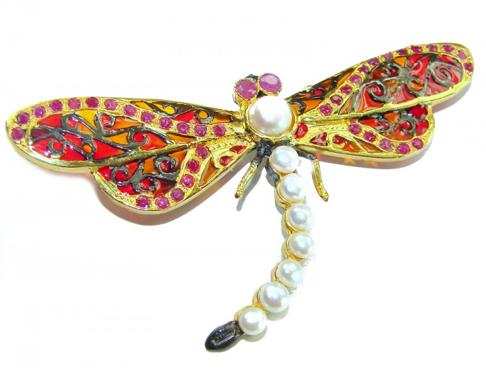 Big Dragonfly Pearl Enamel 18K Gold over .925 Sterling Silver handcrafted Pendant Brooch - Dragonfly brooch, top view, with pearls and colorful enamel details.