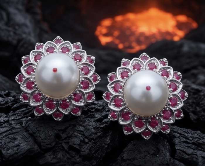 Classy Design - Genuine Pearl Ruby rhodium over .925 Sterling Silver handcrafted Statement Large Earrings - Front view of pearl and ruby floral earrings on dark textured background.