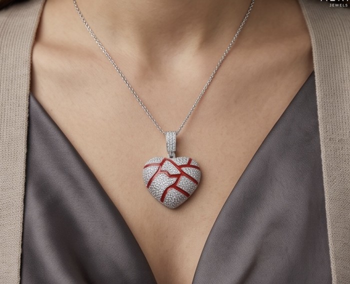 Lava Heart Luxurious 8.4 carat White Topaz .925 Sterling Silver handcrafted pendant - Heart pendant with white topaz, worn on neck, front view.