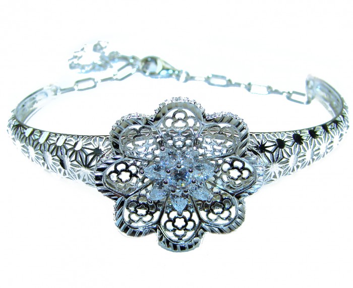 Aphrodite - Solid 2.5 multicolor white Sapphire .925 Sterling Silver handcrafted Bracelet - Front view of Aphrodite bracelet, floral design in sterling silver.