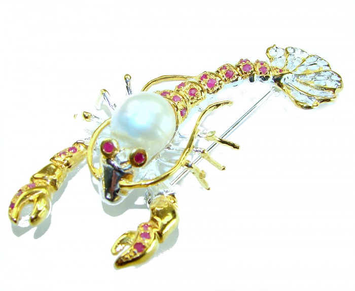 Precious Crayfish Natural Mother of Pearl Ruby 18K Gold over .925 Sterling Silver handmade Pendant Brooch - Gold and pearl crayfish brooch with ruby accents, top view.