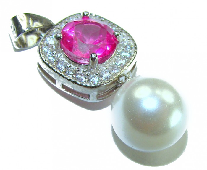 A Spark of Sweetness 2.8 carat Hot Pink Sapphire Pearl .925 Sterling Silver handcrafted Pendant - Close-up of sapphire and pearl pendant, front angle view.