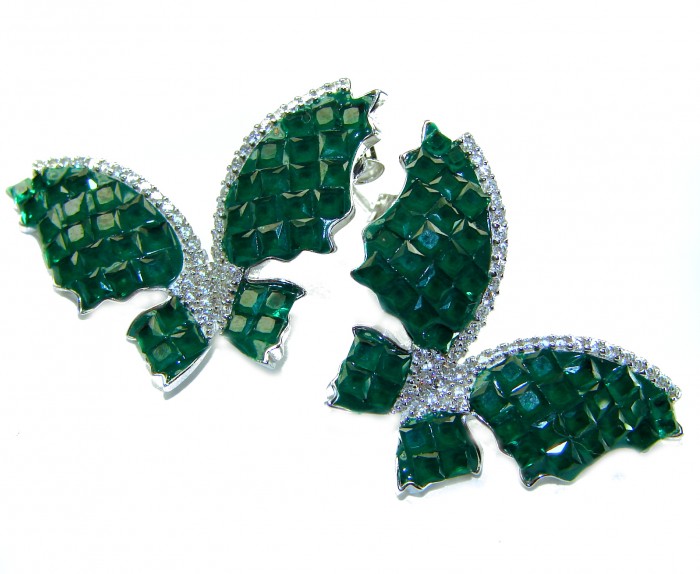 Incredible green Butterflies genuine 10.5 CARAT Emerald .925 Sterling Silver handcrafted Earrings - Emerald butterfly earrings stone close-up with diamond accents