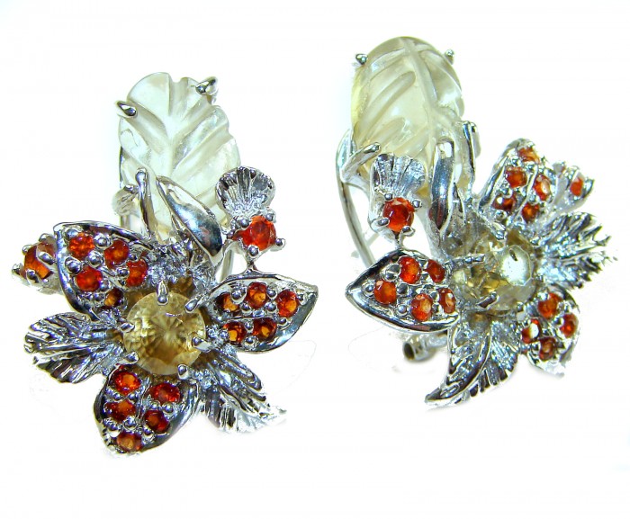 Vivien Luxurious Style Natural carved Citrine Granet .925 Sterling Silver handmade earrings - Floral earrings with carved citrine and garnet stones, front view.
