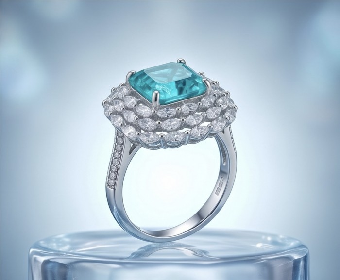 5.8 carat natural Colombian Emerald 7.9 carat Moissanite .925 Sterling Silver handmade Statement Ring size 8 - Emerald and moissanite ring side view on display