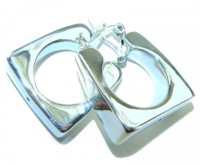 LARGE - EXTRAVAGANZA - Highly Polished Fancy .925 Sterling Silver Italy made Earrings - Close-up of large, polished .925 sterling square hoop earrings.