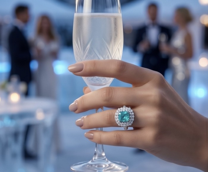 5.8 carat natural Colombian Emerald 7.9 carat Moissanite .925 Sterling Silver handmade Statement Ring size 8 - Emerald and Moissanite ring worn on hand holding a glass at a formal event.