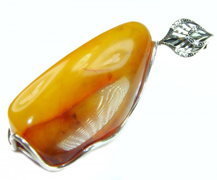 Large Prehistoric Authentic Baltic Amber .925 Sterling Silver beautifully handcrafted Pendant - Close-up of Baltic amber pendant in sterling silver setting