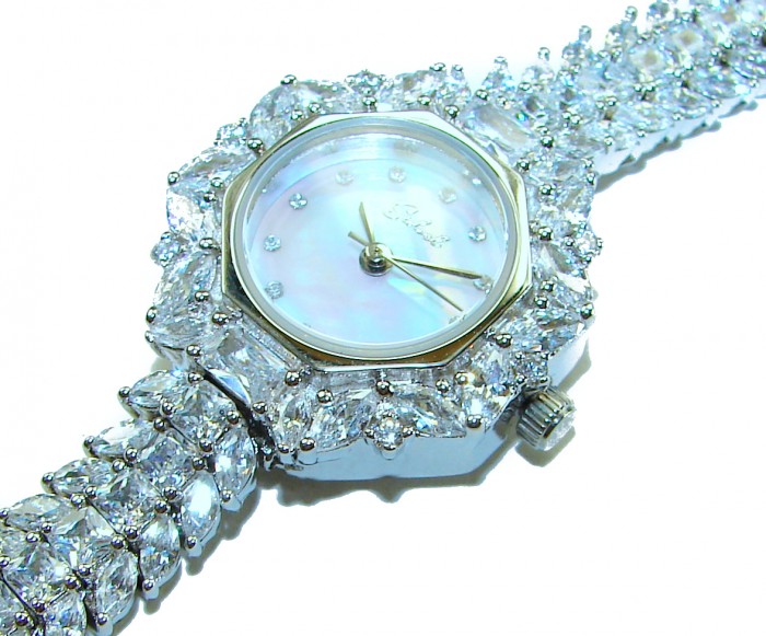 Precious 95.8 carat natural White Topaz .925 Sterling Silver handmade Bracelet - Watch - Close-up of a luxury watch with white topaz stones on a bracelet.