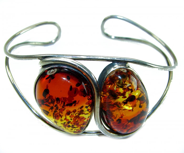 Huge Genuine Golden Baltic Amber highly polished .925 Sterling Silver handcrafted Bracelet / Cuff - Front view of amber and silver bracelet with polished stones.