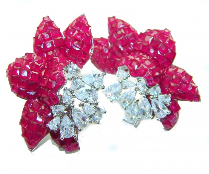 Giovanna - Authentic 19.9 carat Ruby .925 Sterling Silver handcrafted earrings - Close-up of Giovanna ruby earrings with sterling silver and stones
