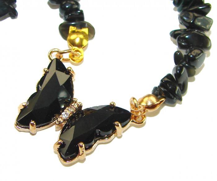 Green Butterfly authentic Onyx 14k Gold over .925 Sterling Silver handcrafted necklace - Butterfly onyx charm with gold, stone close-up.