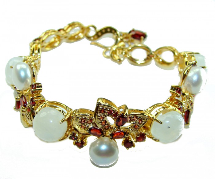 Genuine Rainbow Moonstone Pear Ruby 14K Gold over .925 Sterling Silver handmade Bracelet - photo 2